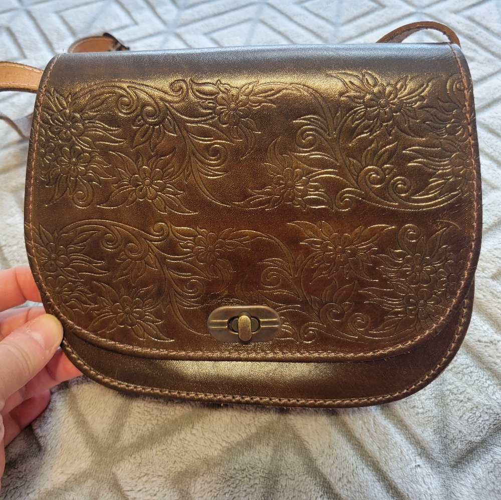 Edo Collection Brown Embossed Leather Shoulder Bag